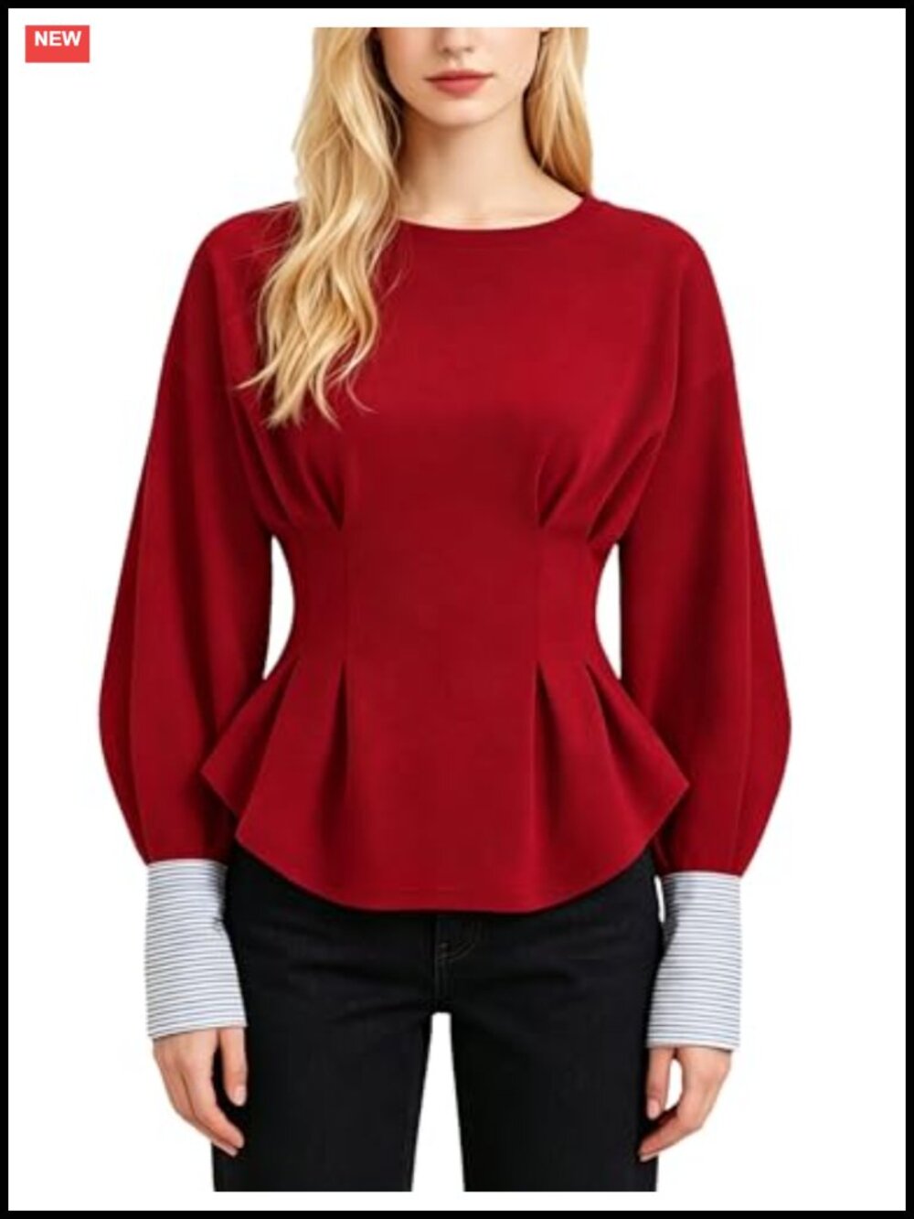 Women's Cinch Waist Peplum Sweatshirt Balloon Sleeve Babydoll Pullover Top